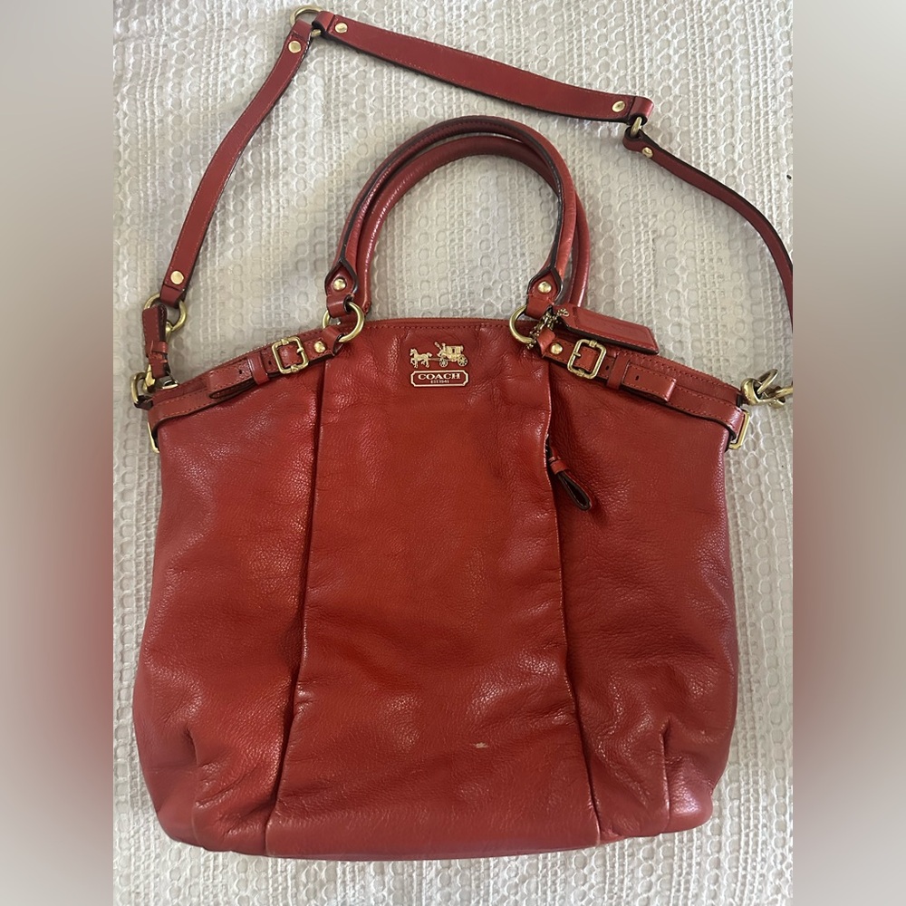 Coach Madison Lindsey 18641 Orange-Red Leather Satchel with Gold-Tone Hardware